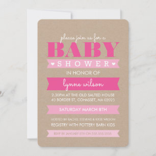 BABY SHOWER INVITE modern rustic kraft white pink