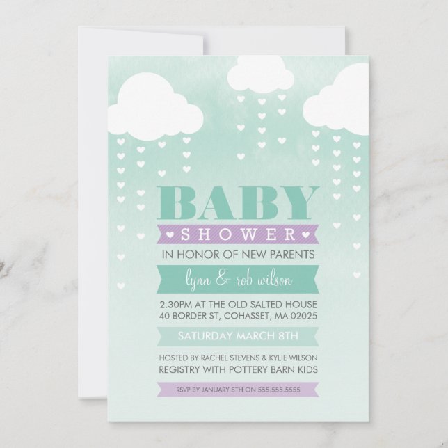 BABY SHOWER INVITE ombre watercolor mint purple (Front)