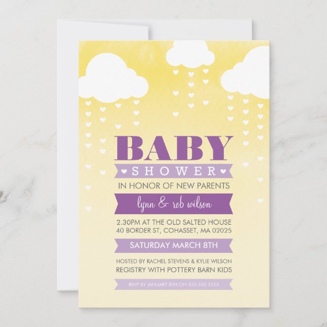 BABY SHOWER INVITE ombre watercolor purple yellow (Front)