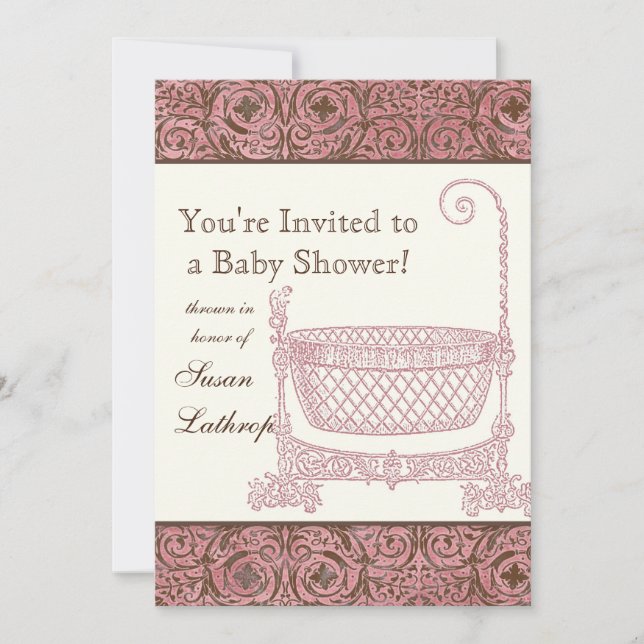 Baby Shower Invite - Pink Brown Damask Cradle (Front)