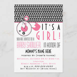 Baby Shower Invite - Pink Diaper Pin & Houndstooth