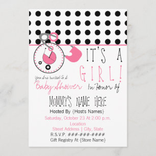Baby Shower Invite - Pink Diaper Pin & Polka Dot