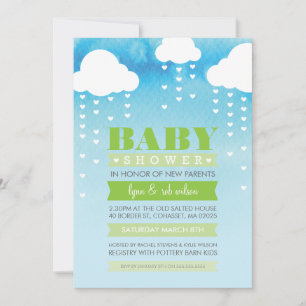 BABY SHOWER INVITE raining hearts watercolor green