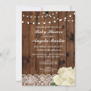 Baby Shower Invite Rustic Party Lace Wood Rose