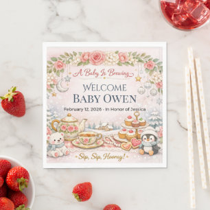 Baby Shower Invite Winter Floral Tea Party Pink Napkin