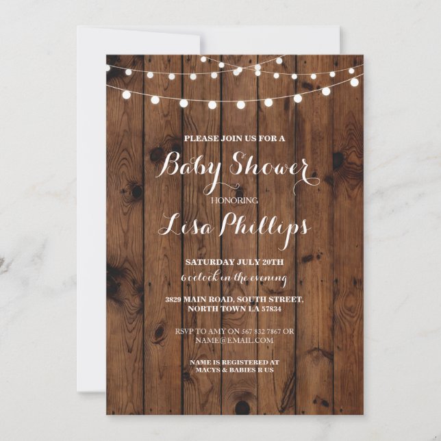 Baby Shower Invite Wood Rustic Lights Couple Party (Front)