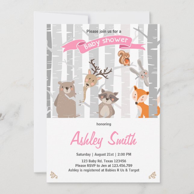 Baby Shower invite Woodland Animals Forest Girl (Front)
