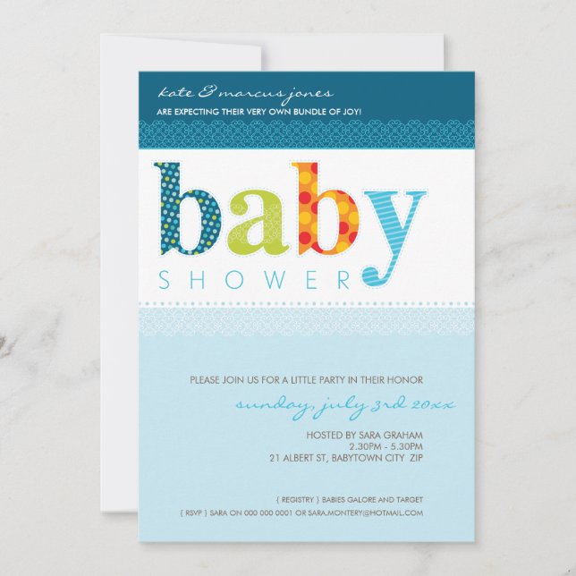 BABY SHOWER INVITES :: baby patterned letters 4P (Front)
