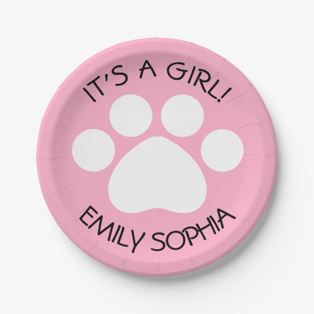 Baby Shower - It's a Girl - Paw Print Theme Paper Plate (Front)