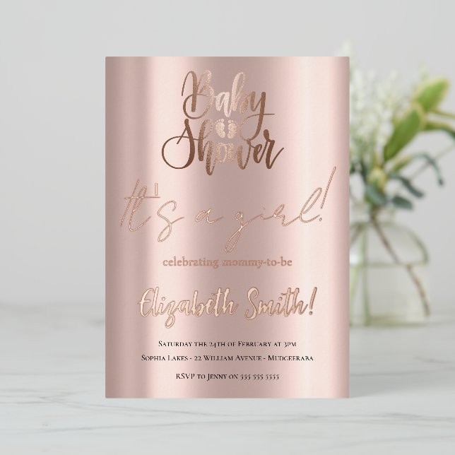 Baby Shower - It's a Girl, Rose Gold Foil Invitati (Standing Front)