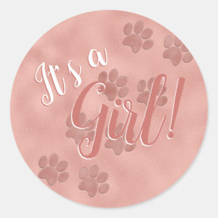 Baby Shower It's a Girl Rose Gold Paw Prints Classic Round Sticker