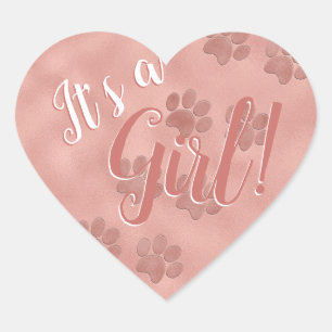 Baby Shower It's a Girl Rose Gold Paw Prints Heart Sticker