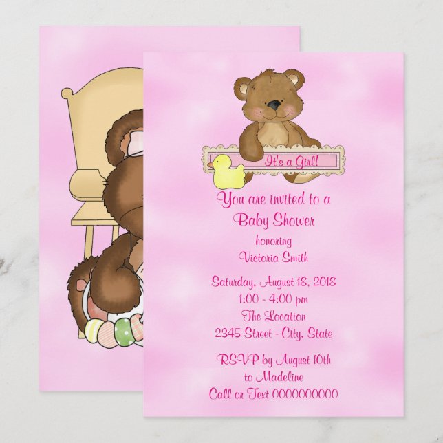 Baby Shower It's a Girl Teddy Bear Invitation (Front/Back)