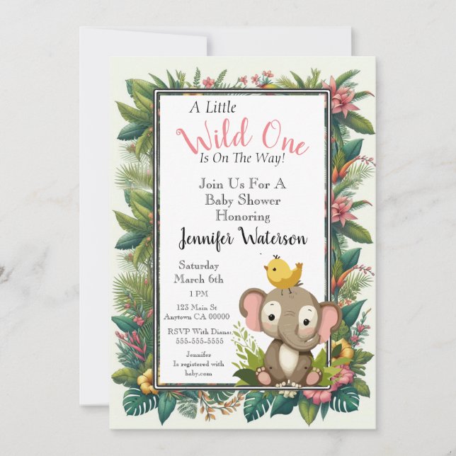 Baby Shower Jungle Floral Frame Elephant  Invitation (Front)