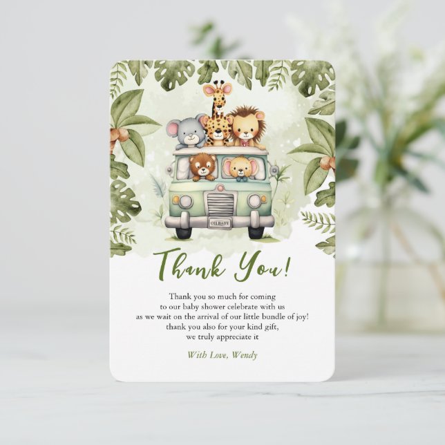 Baby Shower Jungle Safari Animals in Car Thank You Card (Standing Front)