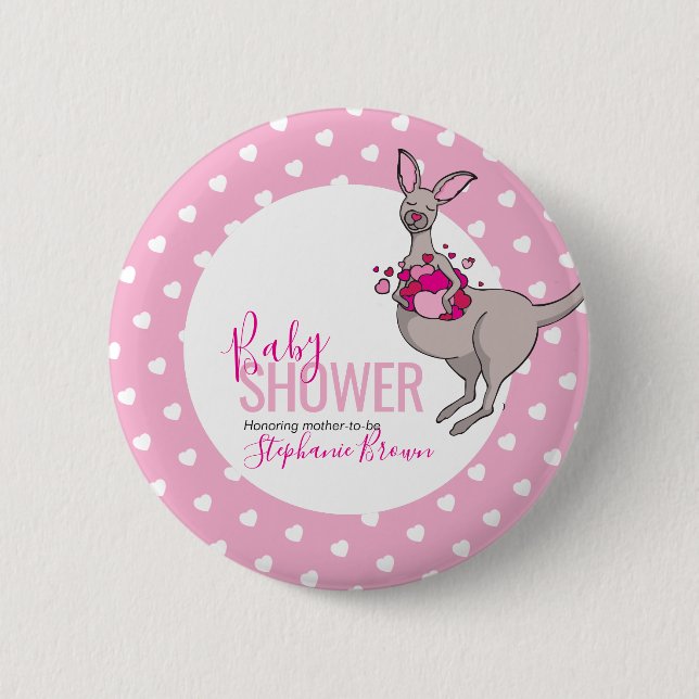 Baby shower kangaroo pouch full of pink hearts 6 cm round badge (Front)