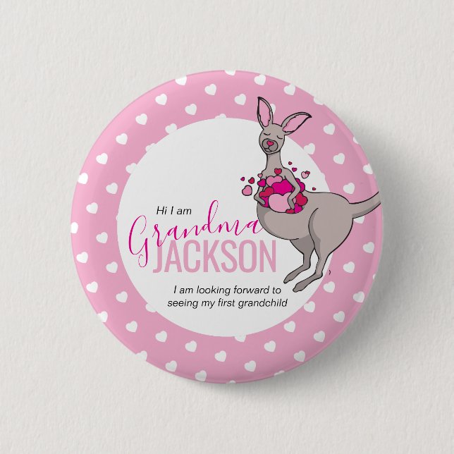 Baby shower kangaroo pouch of pink hearts intro 6 cm round badge (Front)