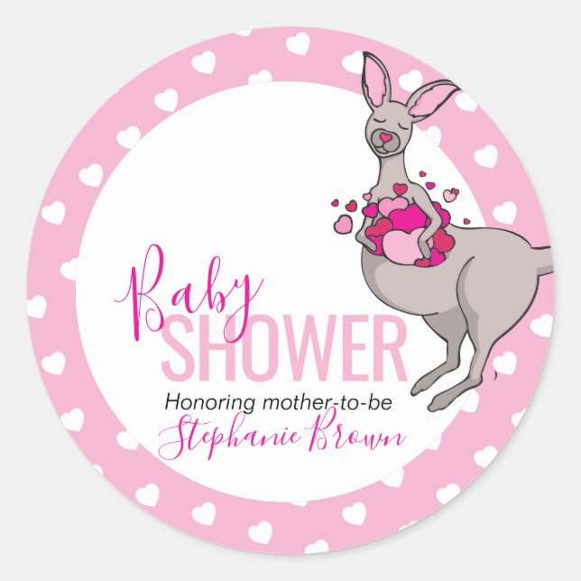 Baby shower kangaroo pouch of pink hearts stickers (Front)