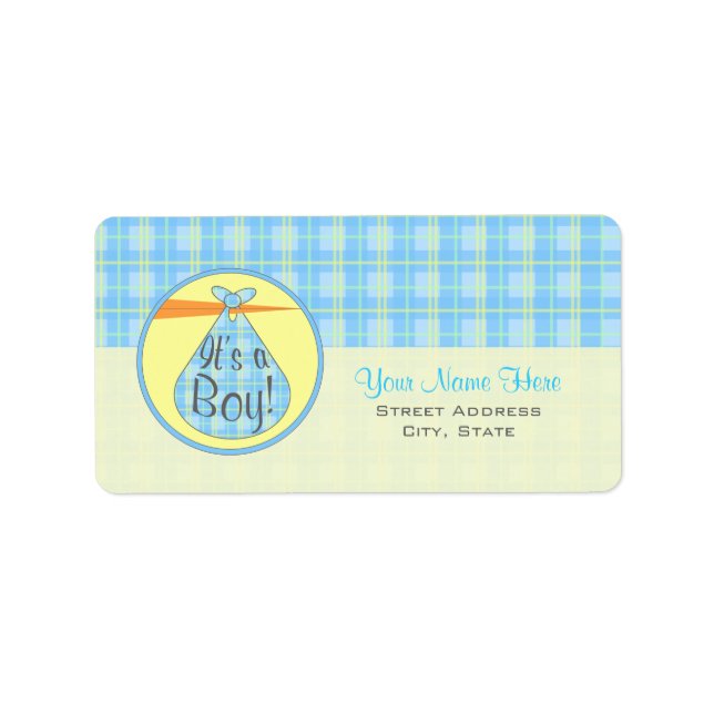 Baby Shower Label - Blue Plaid Stork - It's A Boy (Front)