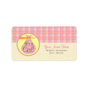 Baby Shower Label - Pink Plaid Stork - It's A Girl
