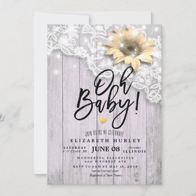 Baby Shower Lace Sunflower Barn Wood String Lights Invitation (Front)