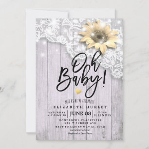 Baby Shower Lace Sunflower Barn Wood String Lights Invitation