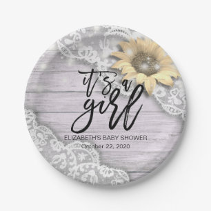Baby Shower Lace Sunflower Barn Wood String Lights Paper Plate