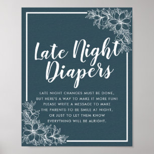 Baby Shower Late Night Diapers Blue White Flowers Poster