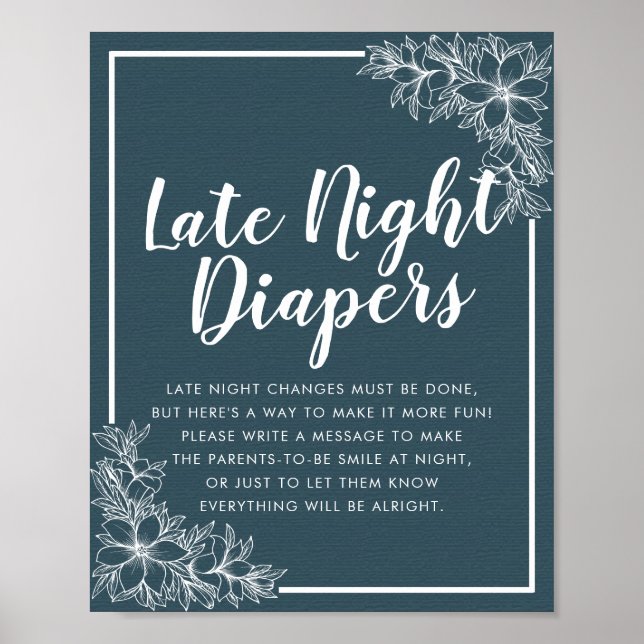 Baby Shower Late Night Diapers Blue White Flowers Poster (Front)