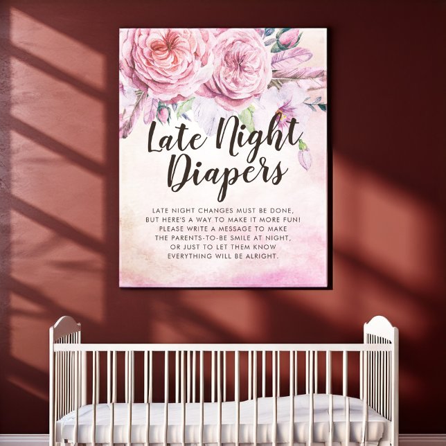 Baby Shower Late Night Diapers Boho Flower Feather Poster (Creator Uploaded)