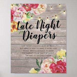 Baby Shower Late Night Diapers Flowers Wood Lights Poster