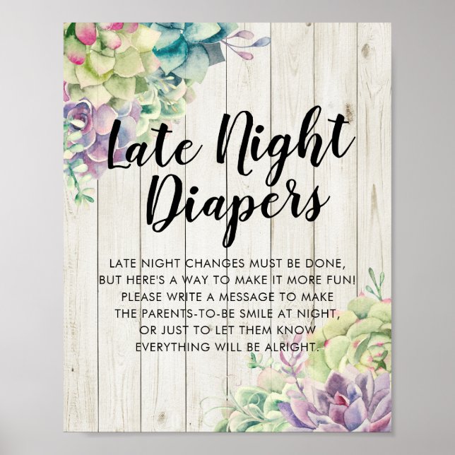 Baby Shower Late Night Diapers Sign Succulent Wood (Front)