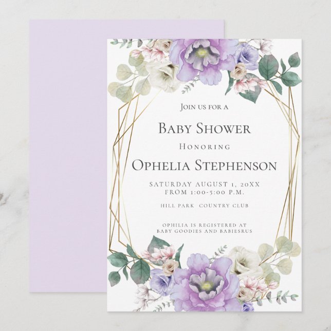 BABY SHOWER | Lavender Watercolor Flowers Invitation (Front/Back)