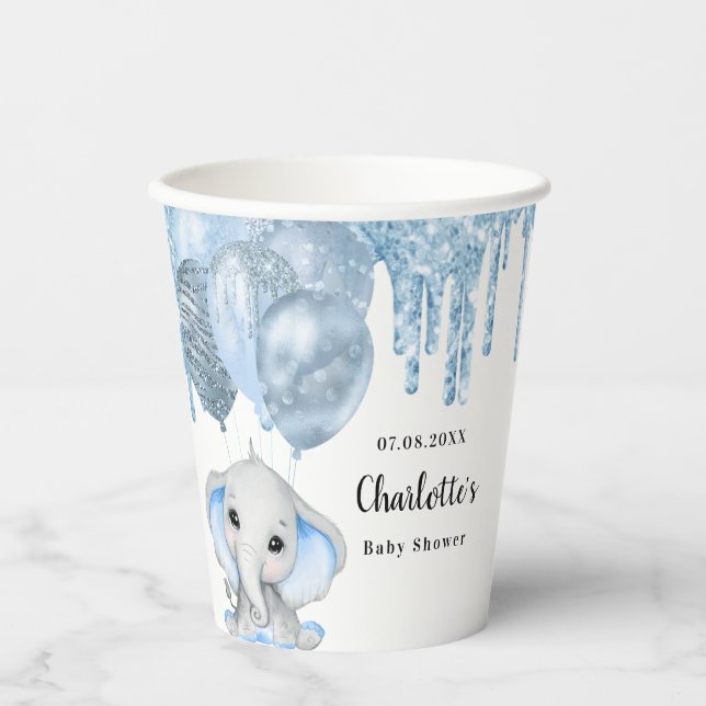 Baby Shower light blue boy glitter elephant Paper  Paper Cups (Front)