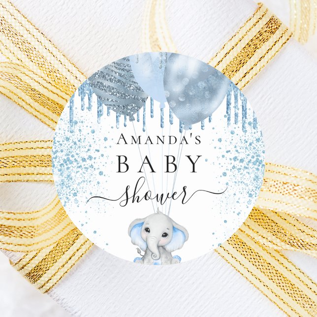 Baby Shower light blue glitter cute elephant boy Classic Round Sticker (Creator Uploaded)