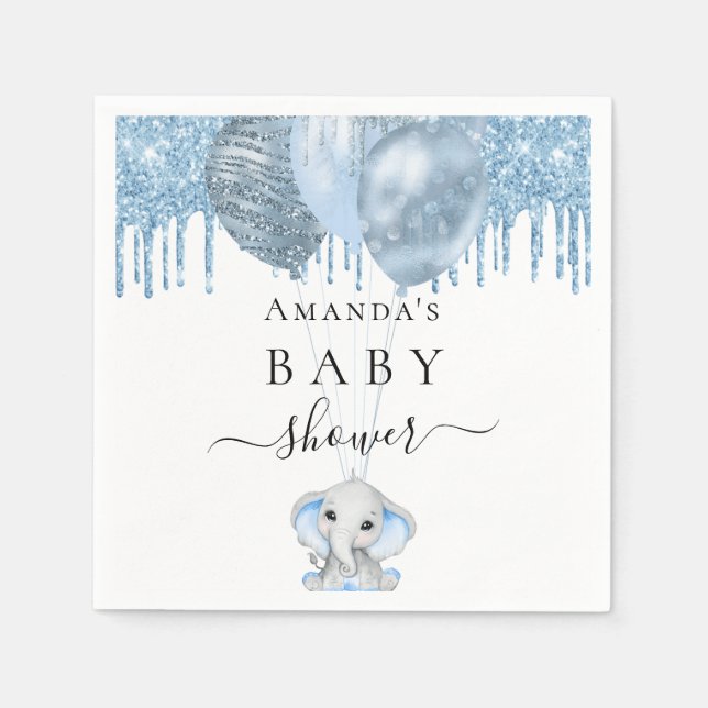Baby Shower light blue glitter white elephant boy Napkin (Front)