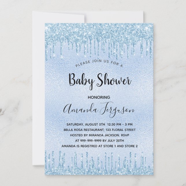Baby Shower light blue metal glitter drips boy Invitation (Front)