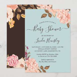 Baby Shower Light Dusty Blue Blush Rose Floral Invitation