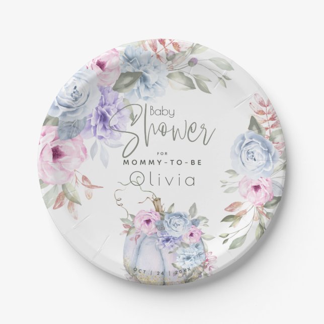 Baby Shower | Lilac Blue Pumpkin Peony Floral Paper Plate (Front)