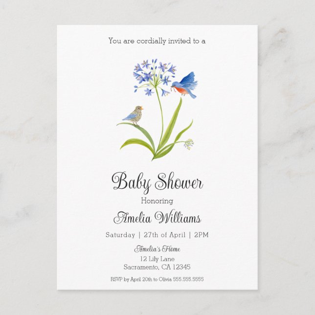 Baby Shower Lily with Bluebird Mother and Baby  Invitation Postcard (Front)