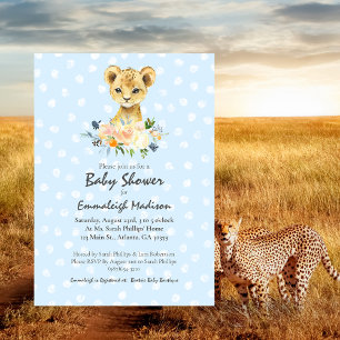Baby Shower Lion Cub Floral Blue Invitation