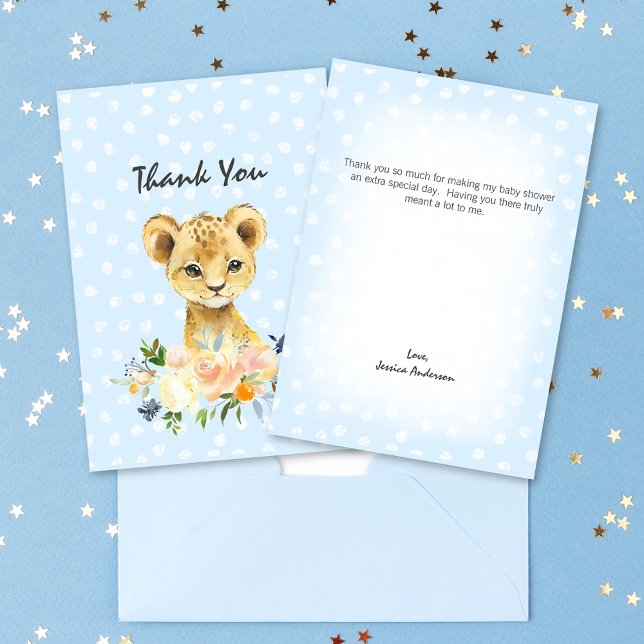 Baby Shower Lion Cub Floral Blue Thank You Card (Creator Uploaded)