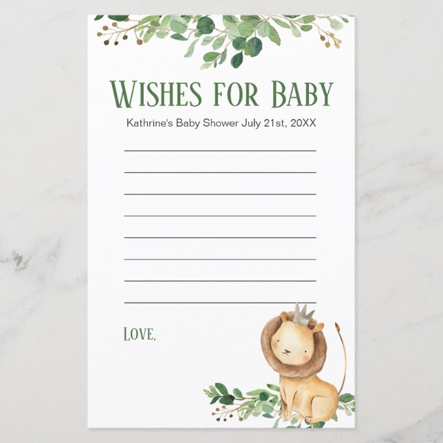Baby shower Lion Greenery Floral Wishes for Baby (Front)