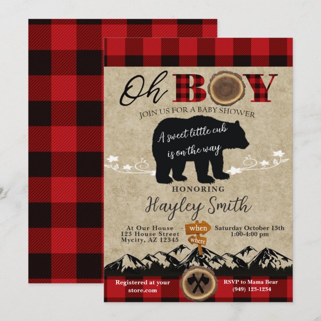 Baby Shower Little Bear Flannel Lumberjack Theme Invitation (Front/Back)