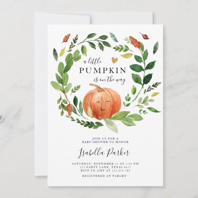 Baby Shower Little Pumpkin Fall Rustic Greenery Invitation (Front)