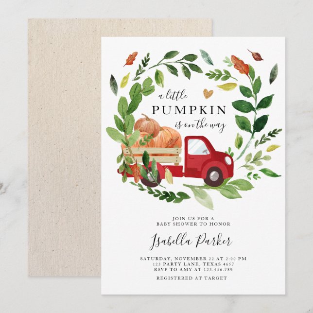 Baby Shower Little Pumpkin Truck Fall Greenery Invitation (Front/Back)