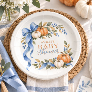 Baby Shower Little Pumpkin Watercolor Blue Bow Paper Plate