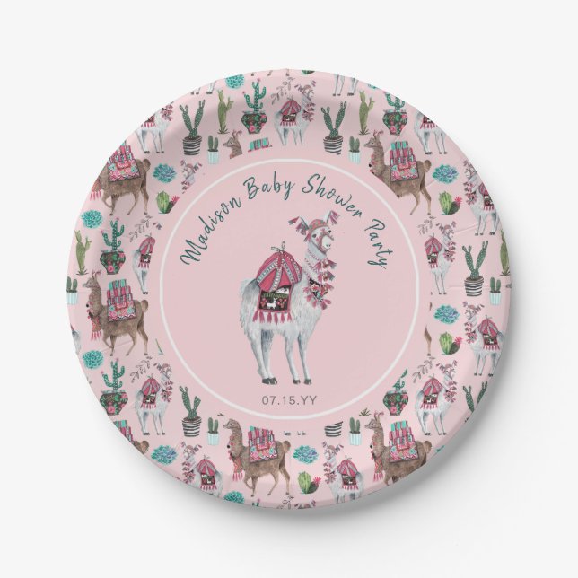 Baby Shower | Llama Pink | Paper Party Plate (Front)