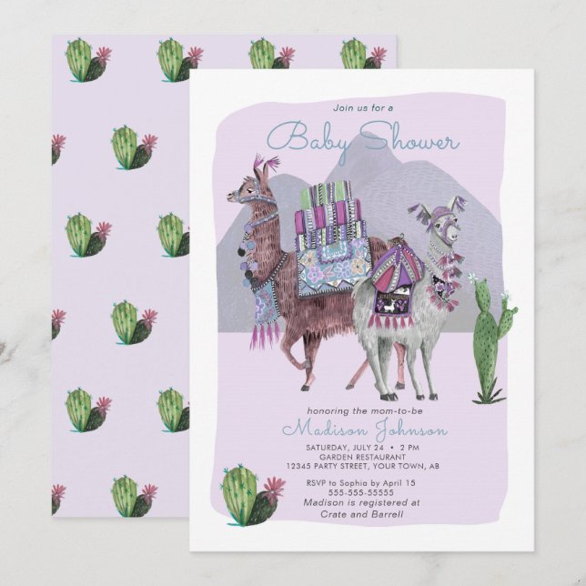 Baby Shower | Llamas & Cactus | Lilac Invitations (Front/Back)