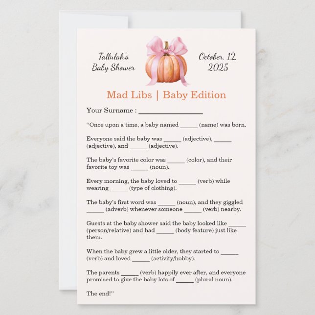 Baby Shower Mad Libs | Fun Party Activity (Front)